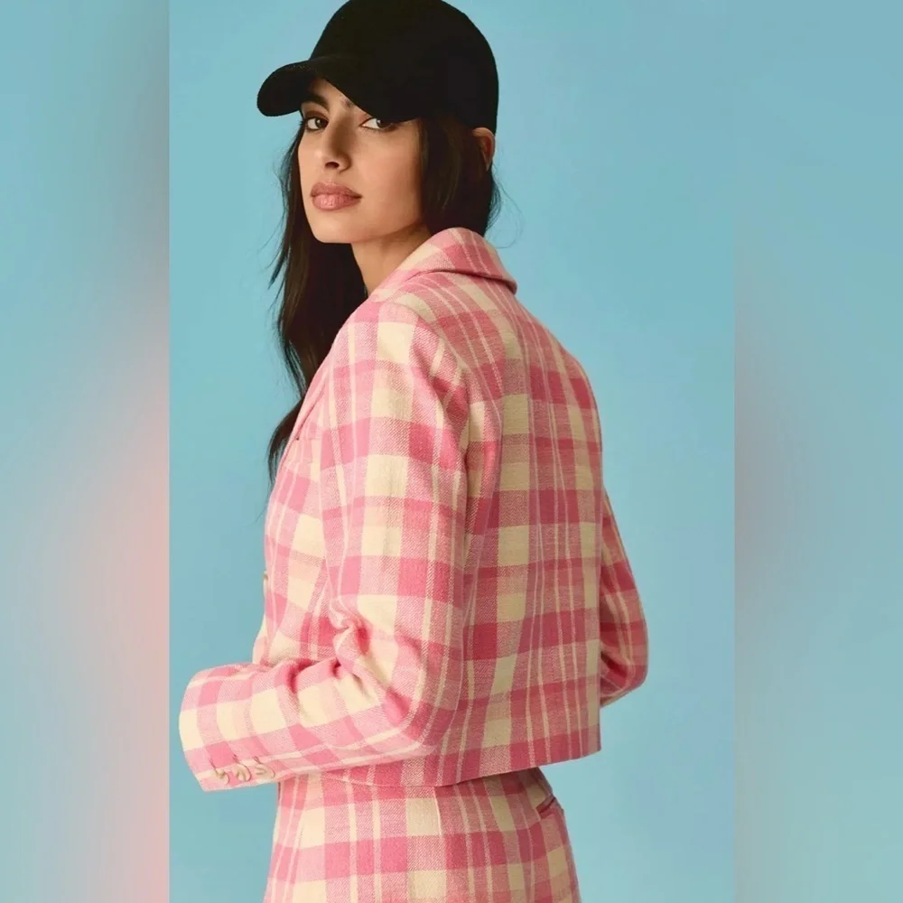 Anthropologie Maeve Blazer‎ Cropped Pink Double Breasted Jacket Small Old Money